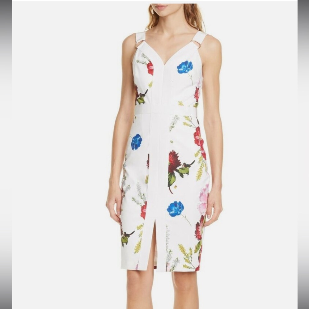 TED BAKER White AMYLIA Floral Print Sheath V Neck Dress Size 4